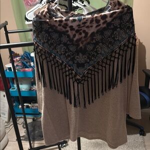 Brown and Black Fringe Shawl with Matching Shirt